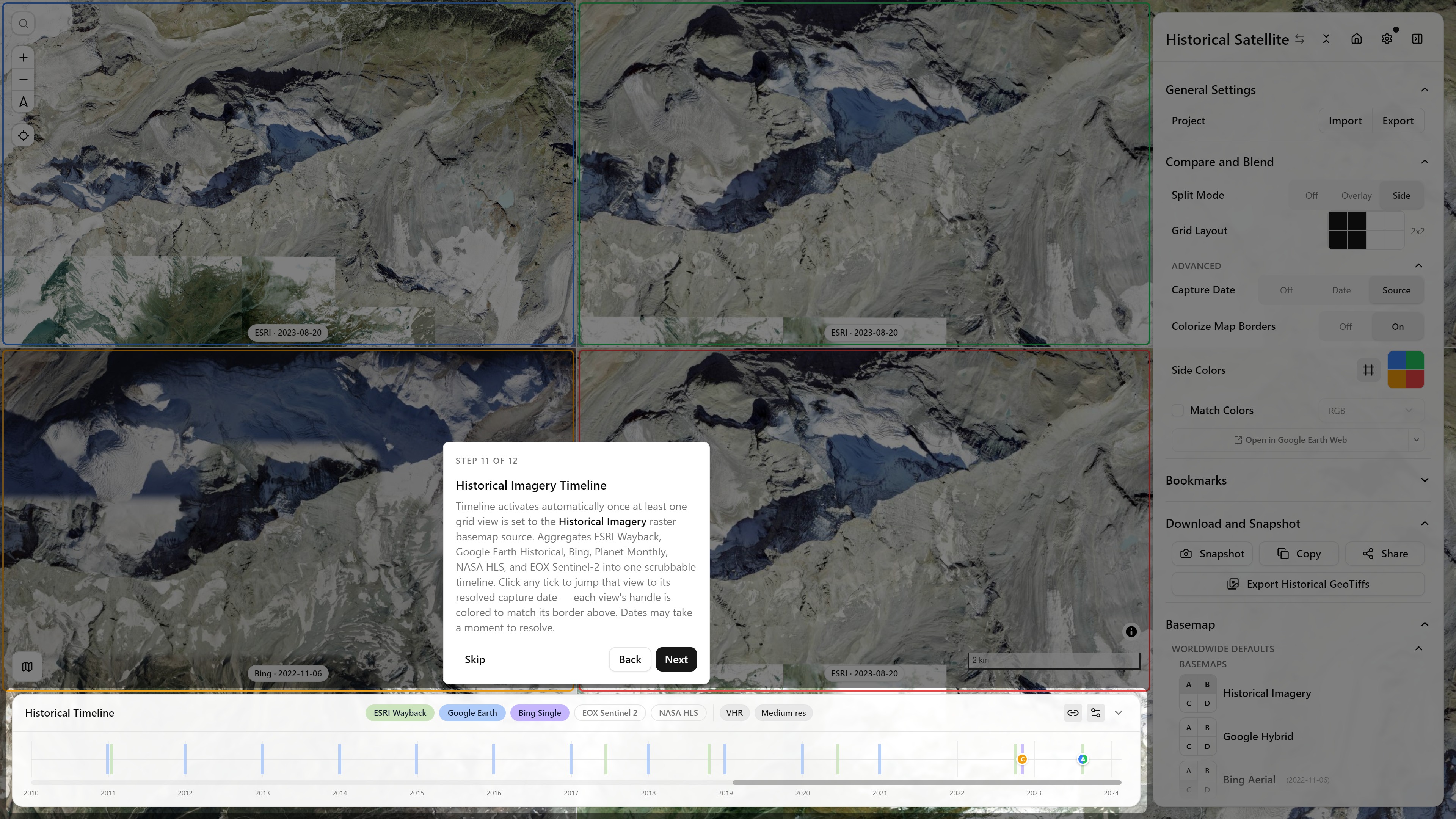 Step 11/12 — Historical Timeline Step 11 of 12, Historical Imagery Timeline — ESRI Wayback, Google Earth Historical, Bing, Planet, NASA HLS, EOX Sentinel-2 in one scrubbable timeline