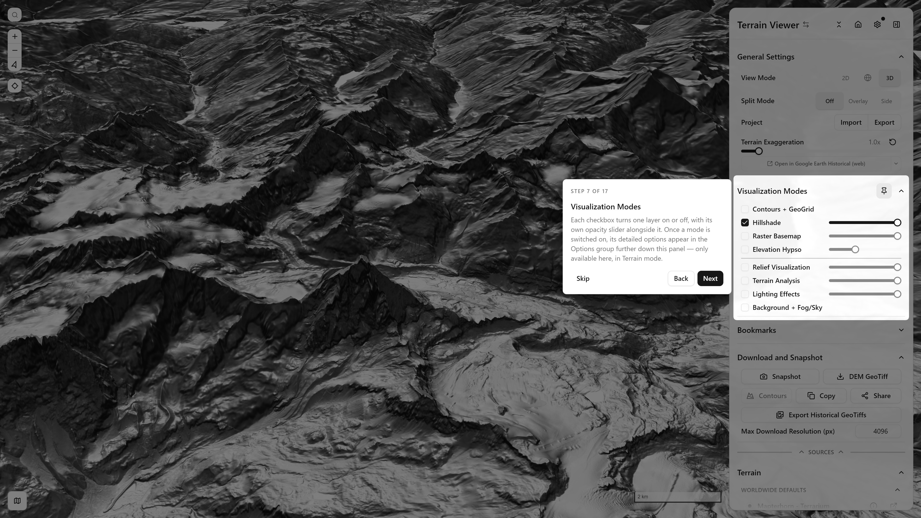 Step 7 of 17, Visualization Modes — each checkbox is one layer, with its own opacity slider