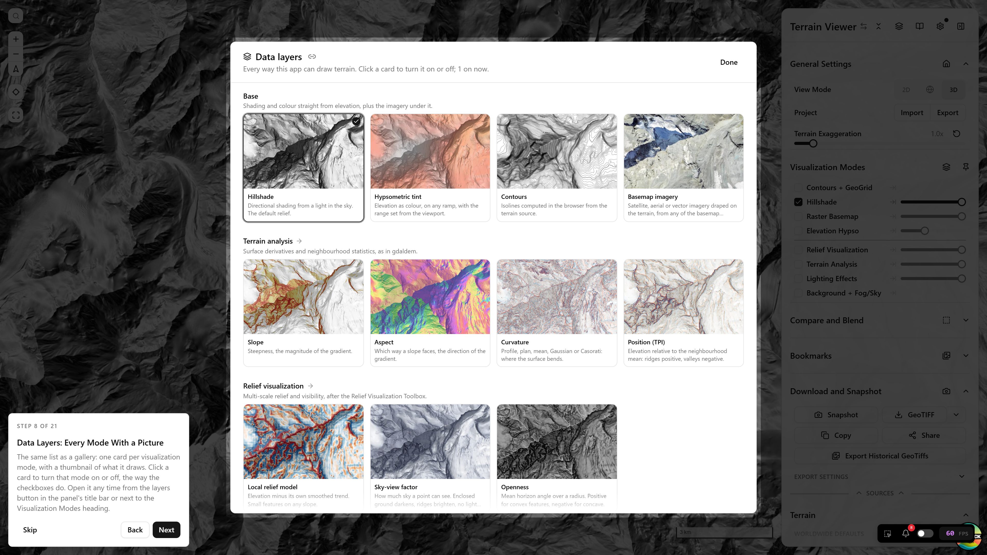 Step 8/19 — Data Layers Step 8 of 19, Data Layers — every visualization mode as a card with a thumbnail; click a card to turn it on