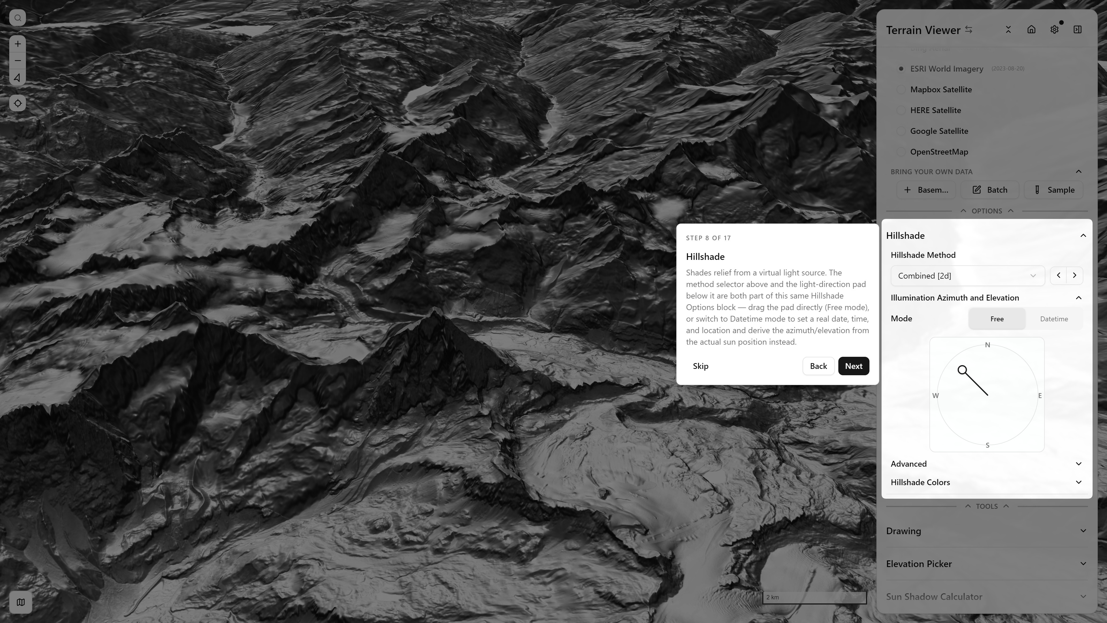 Step 8/17 — Hillshade Step 8 of 17, Hillshade — method selector and light-direction pad