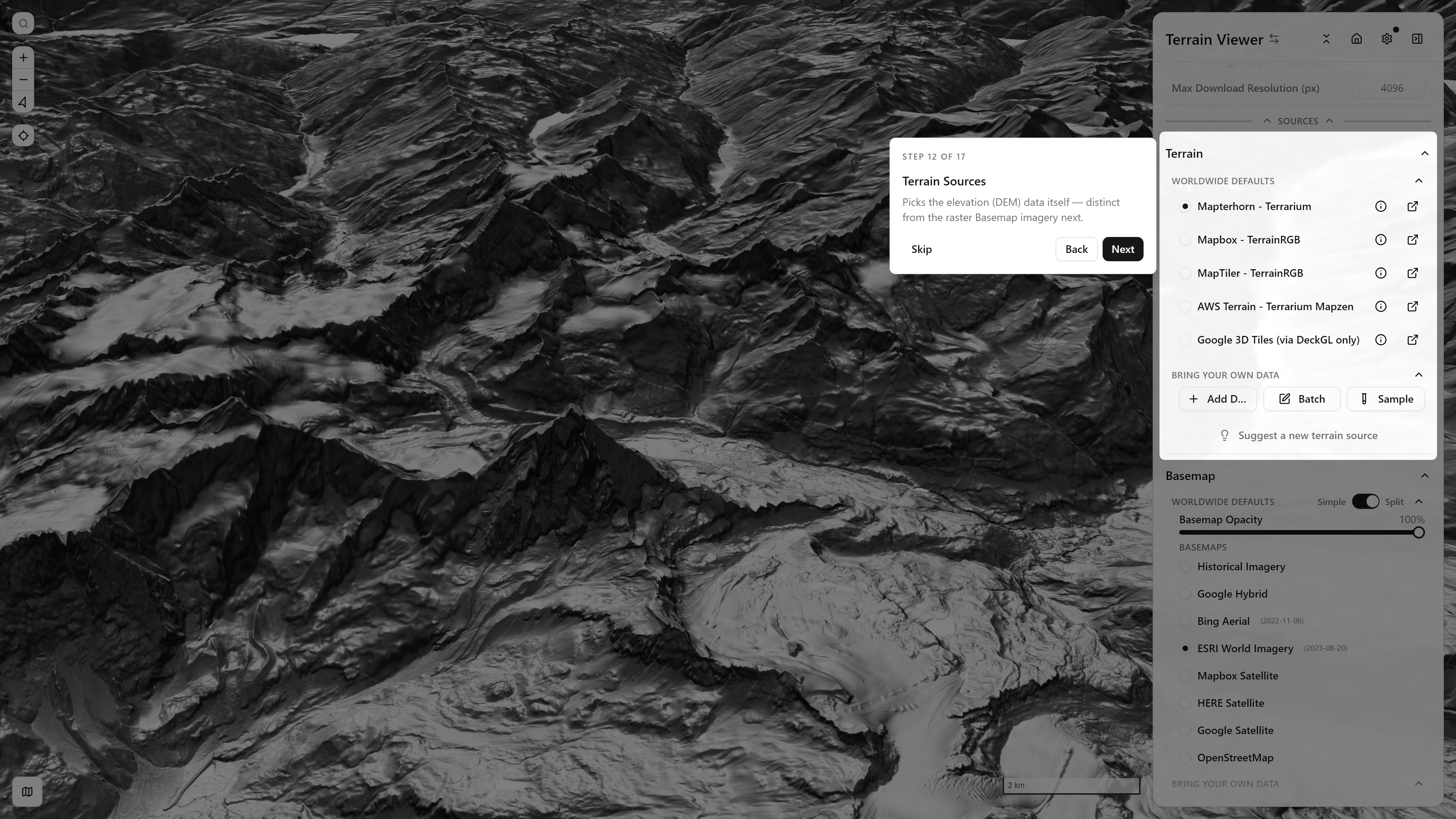 Step 12/17 — Terrain Sources Step 12 of 17, Terrain Sources — the elevation (DEM) picker
