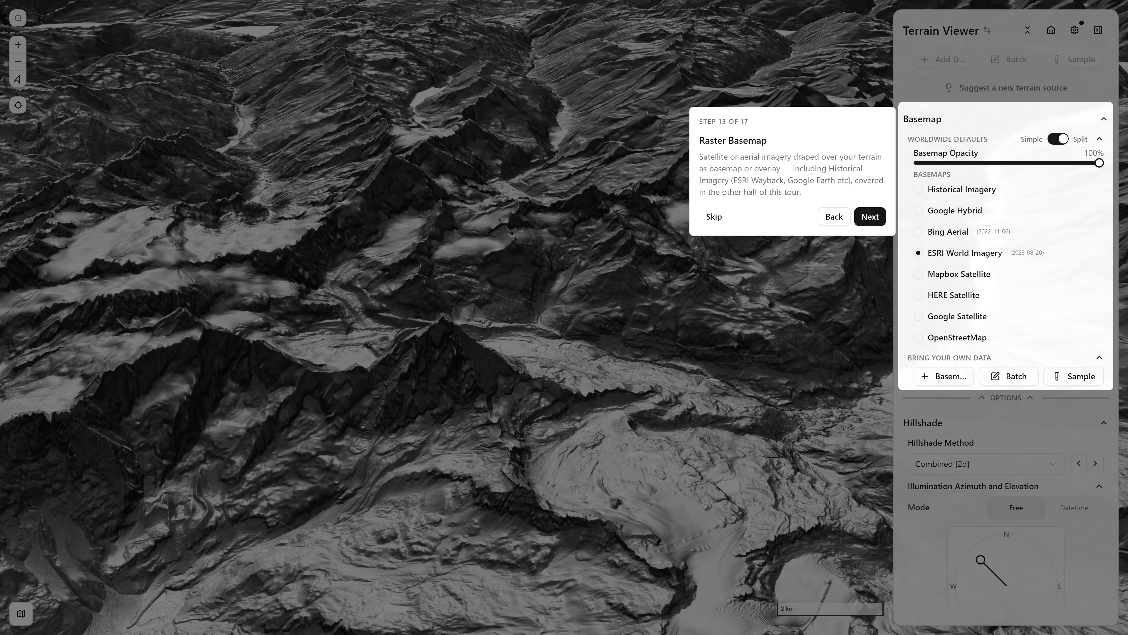 Step 13/17 — Raster Basemap Step 13 of 17, Raster Basemap — satellite/aerial imagery draped over terrain