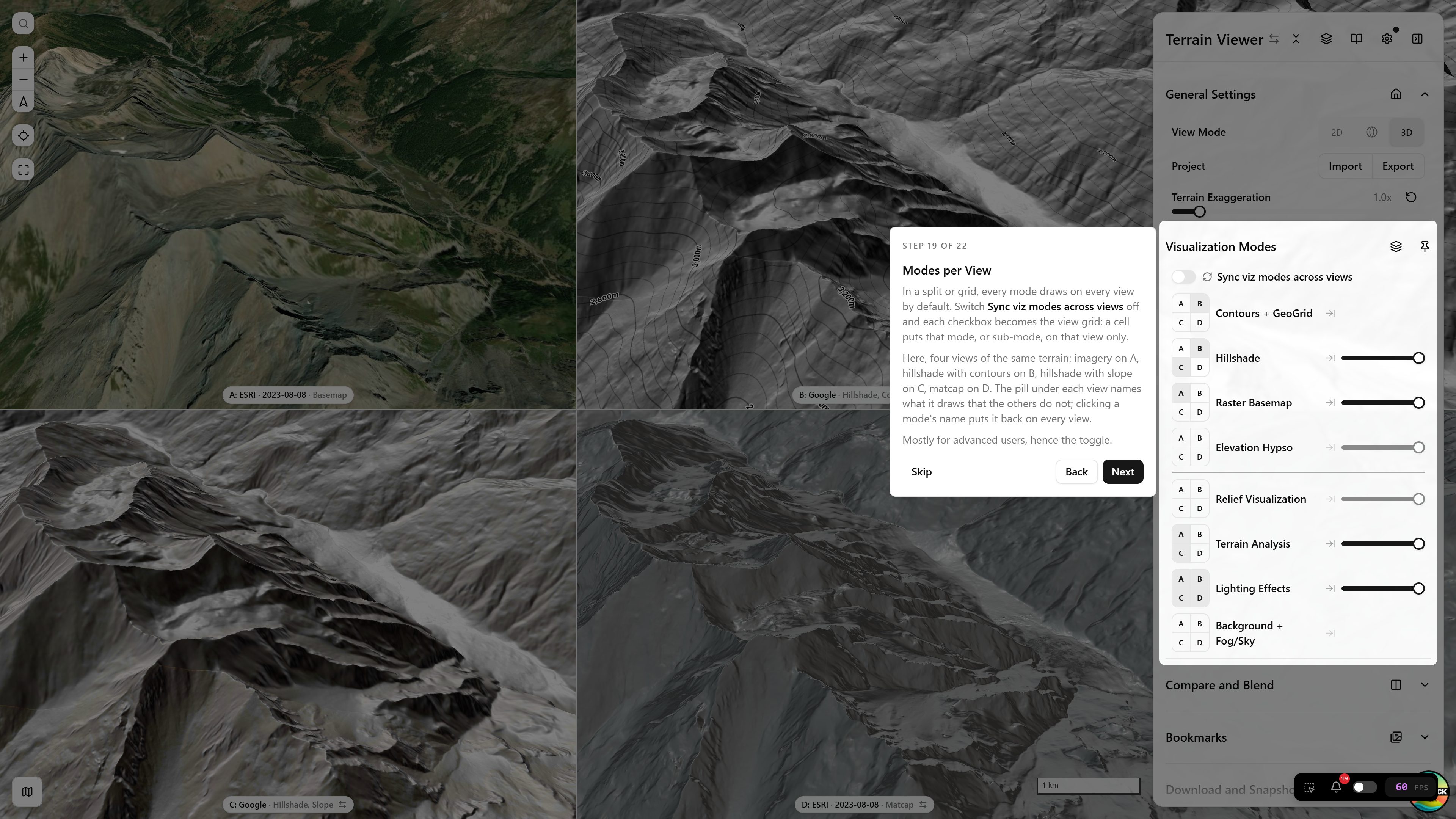Step 17/19 — Modes per View Step 17 of 19, Modes per View — a 2x2 grid with imagery, contours, slope and matcap on different views, the sync toggle off